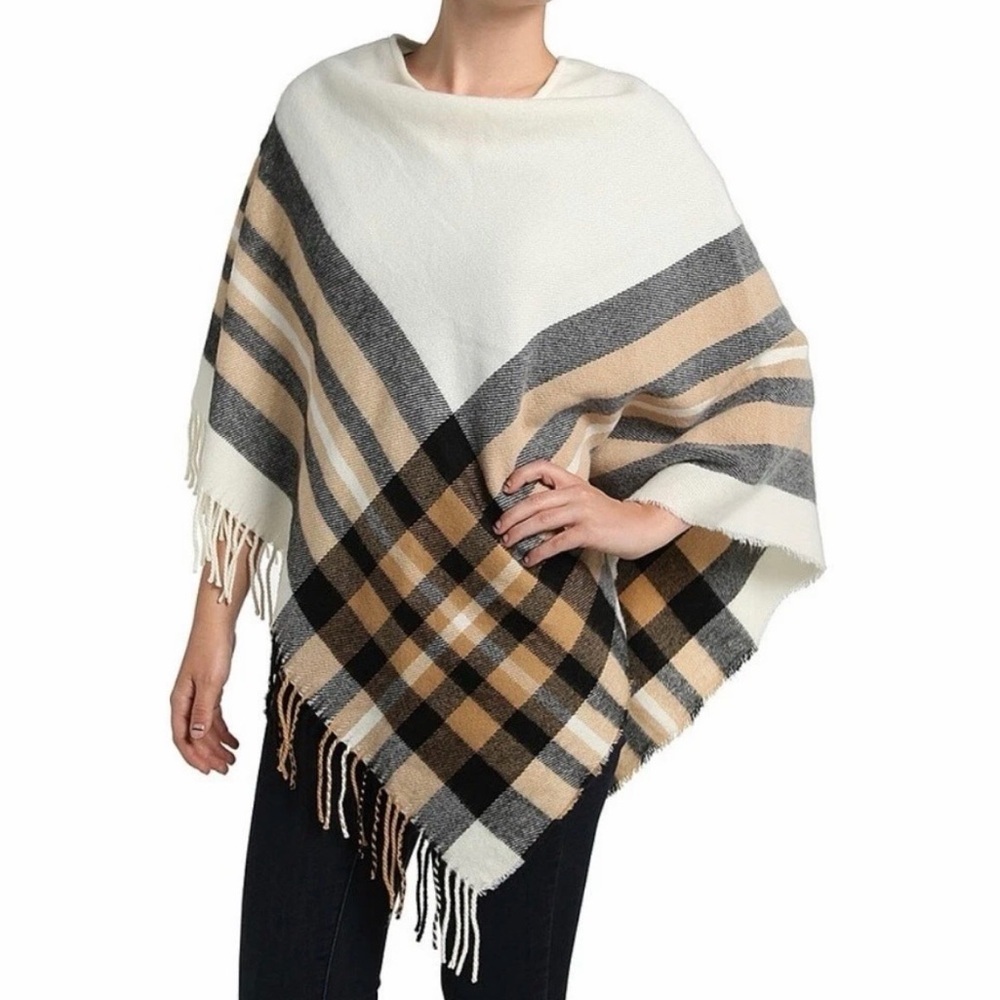 V. FRAAS Plaid Poncho Brushed Fringe Trim OS Cozy Boho Western Core